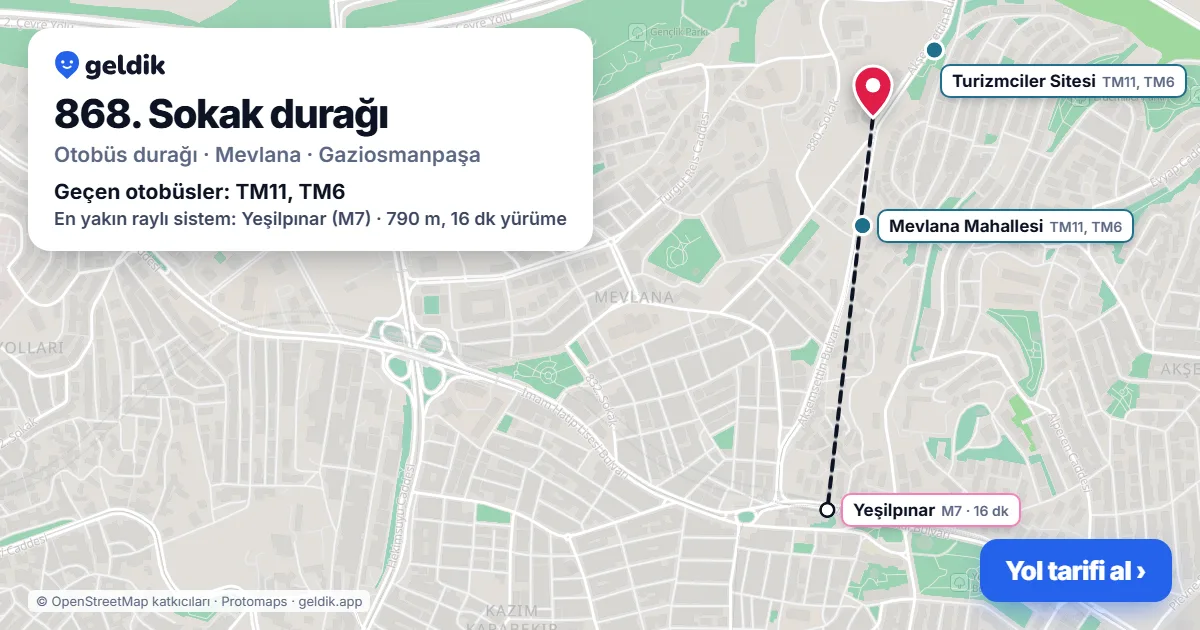868. Sokak otobüs durağı haritada: konumu ve yakındaki duraklar