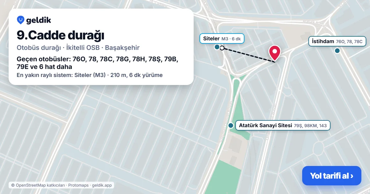 9.Cadde otobüs durağı haritada: konumu ve yakındaki duraklar