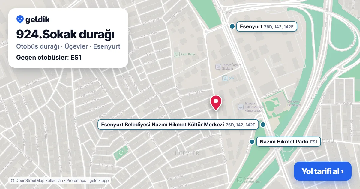 924.Sokak otobüs durağı haritada: konumu ve yakındaki duraklar