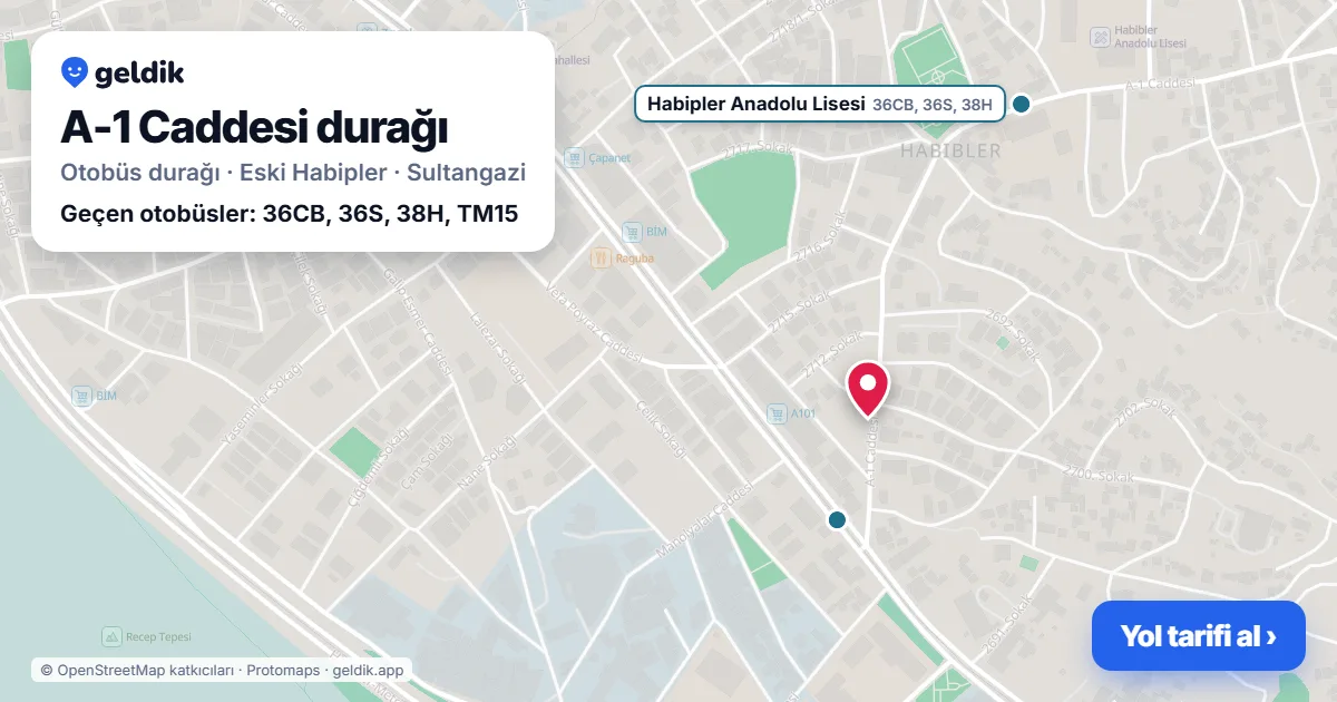 A-1 Caddesi otobüs durağı haritada: konumu ve yakındaki duraklar