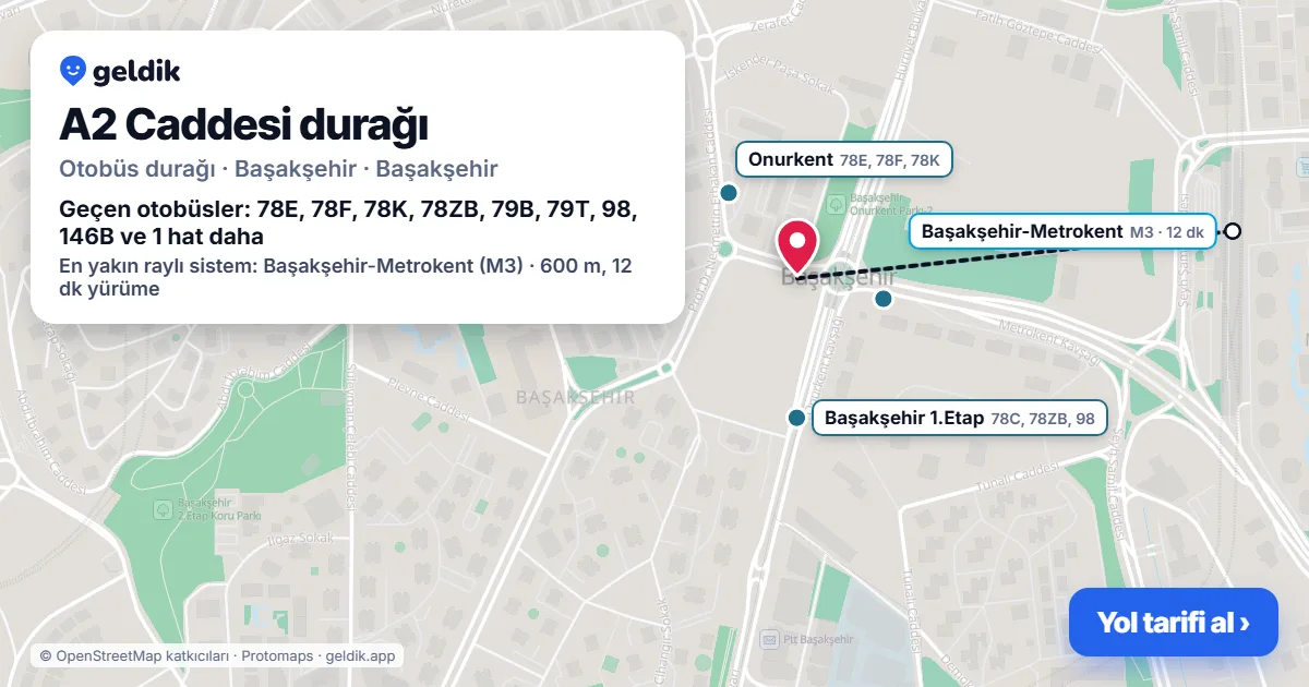 A2 Caddesi otobüs durağı haritada: konumu ve yakındaki duraklar