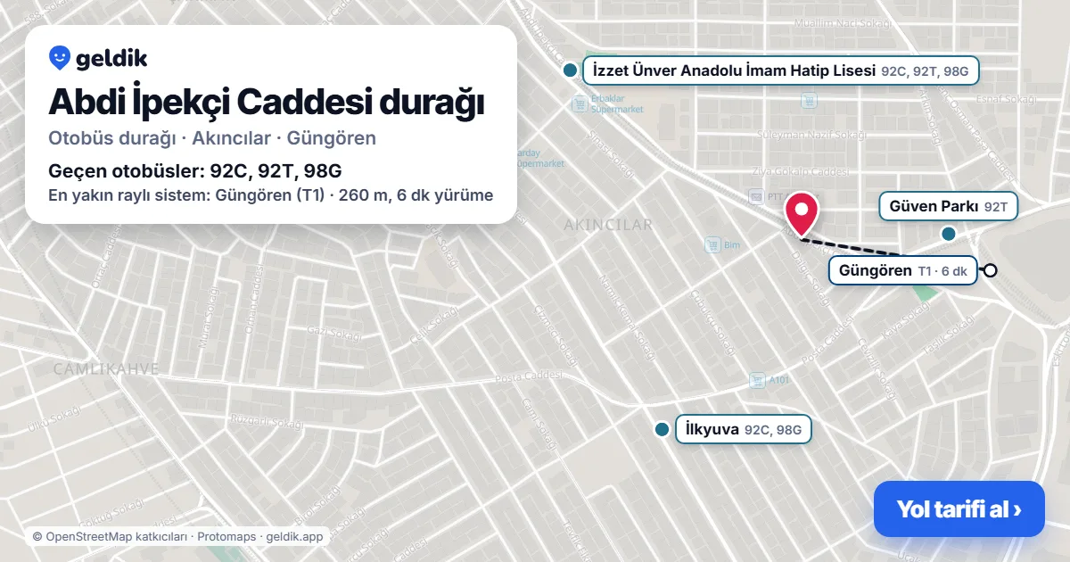 Abdi İpekçi Caddesi otobüs durağı haritada: konumu ve yakındaki duraklar