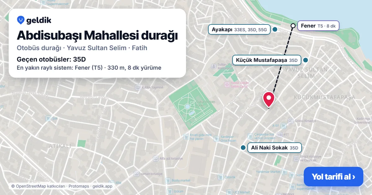 Abdisubaşı Mahallesi otobüs durağı haritada: konumu ve yakındaki duraklar