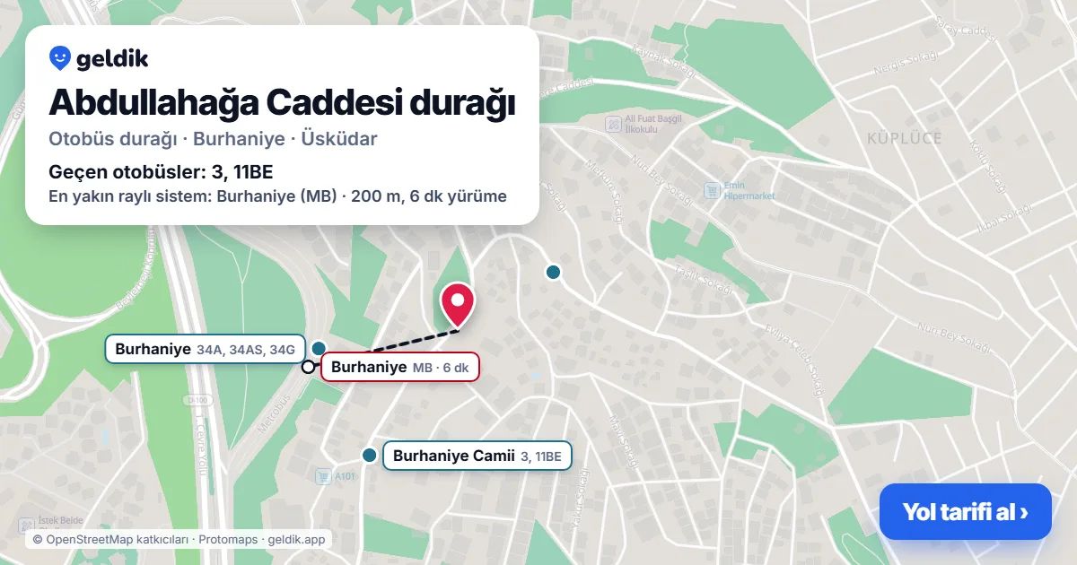 Abdullahağa Caddesi otobüs durağı haritada: konumu ve yakındaki duraklar