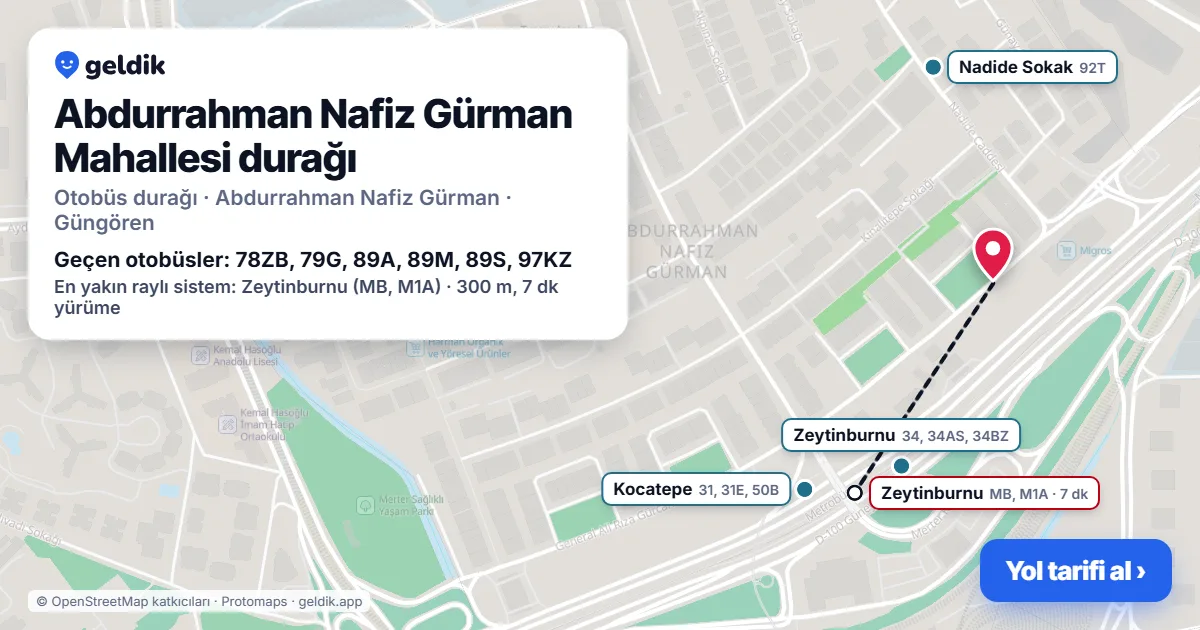 Abdurrahman Nafiz Gürman Mahallesi otobüs durağı haritada: konumu ve yakındaki duraklar