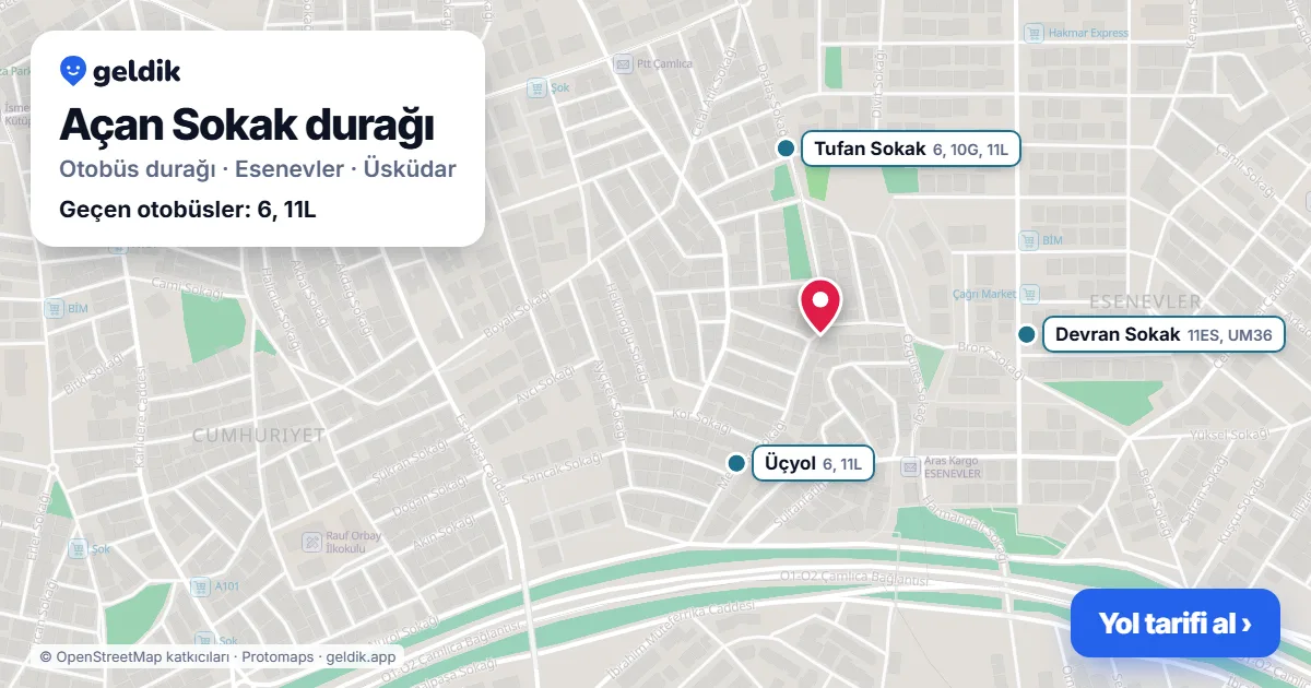 Açan Sokak otobüs durağı haritada: konumu ve yakındaki duraklar