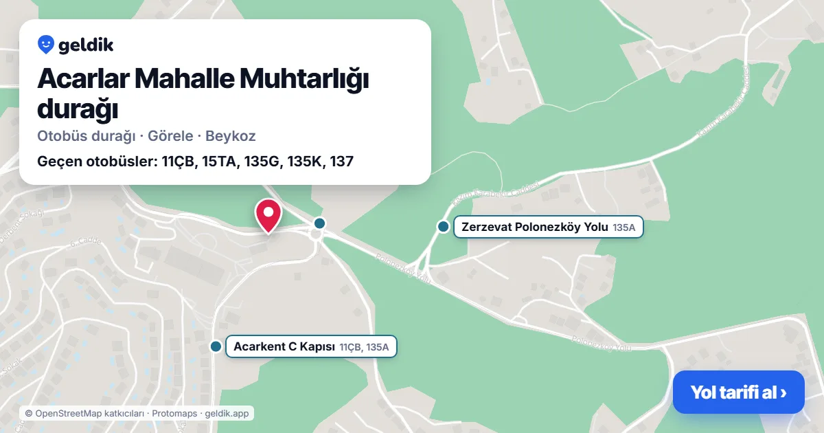 Acarlar Mahalle Muhtarlığı otobüs durağı haritada: konumu ve yakındaki duraklar
