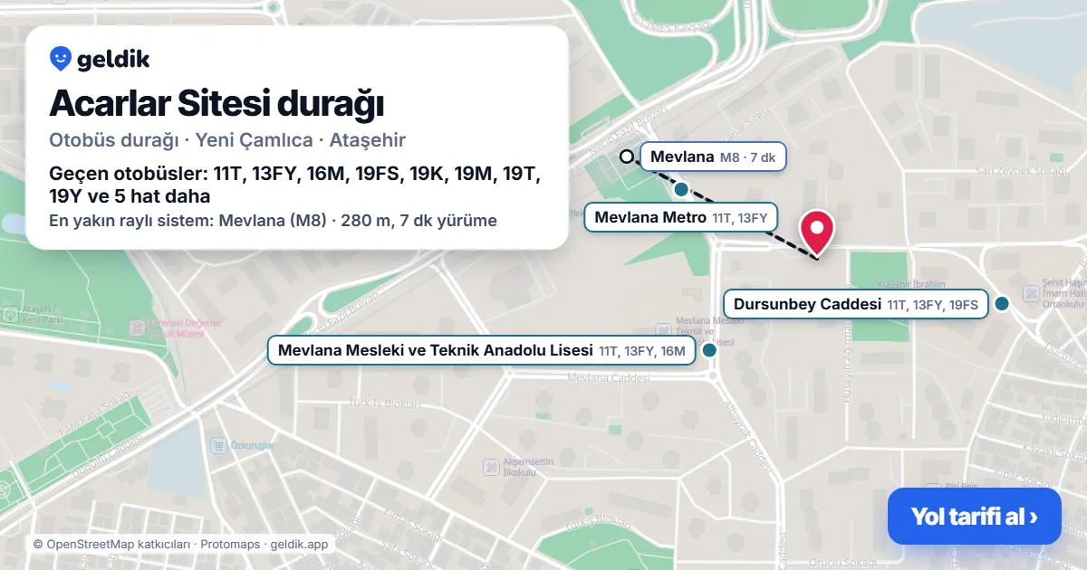 Acarlar Sitesi otobüs durağı haritada: konumu ve yakındaki duraklar