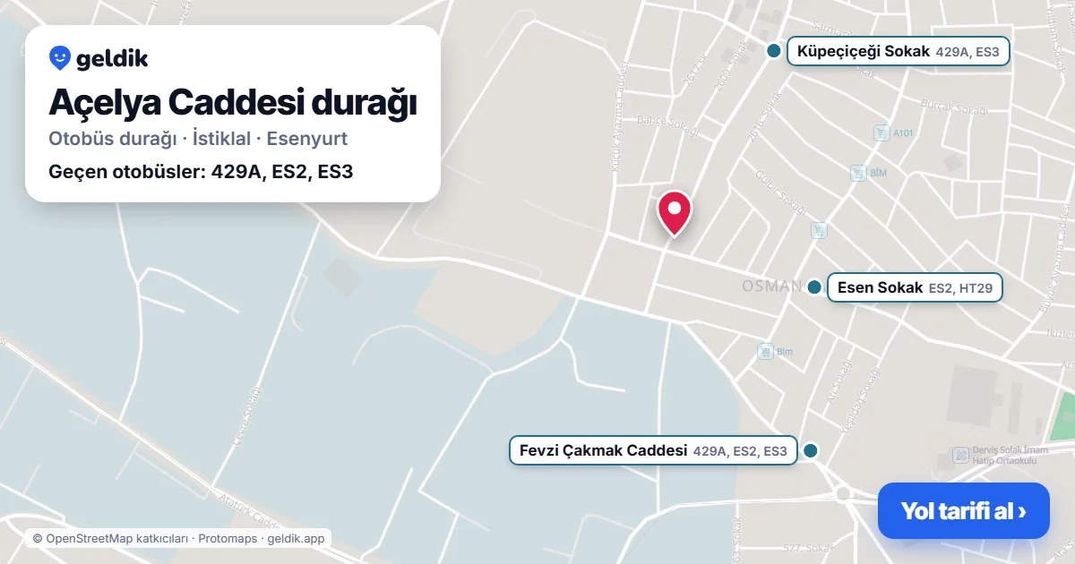 Açelya Caddesi otobüs durağı haritada: konumu ve yakındaki duraklar