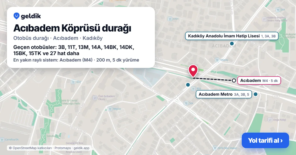 Acıbadem Köprüsü otobüs durağı haritada: konumu ve yakındaki duraklar