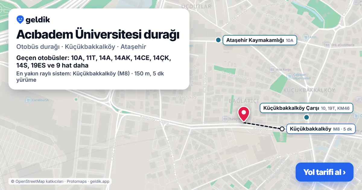 Acıbadem Üniversitesi otobüs durağı haritada: konumu ve yakındaki duraklar
