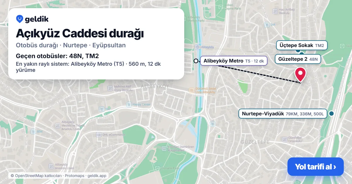 Açıkyüz Caddesi otobüs durağı haritada: konumu ve yakındaki duraklar