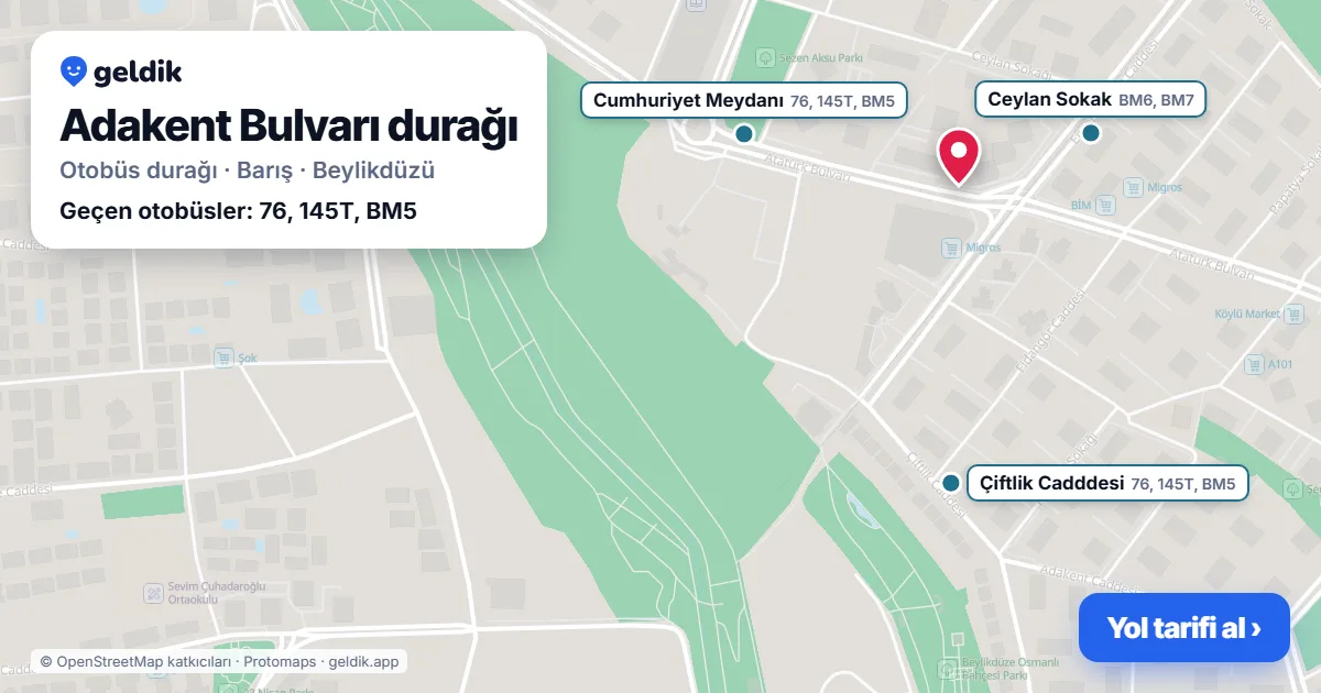 Adakent Bulvarı otobüs durağı haritada: konumu ve yakındaki duraklar