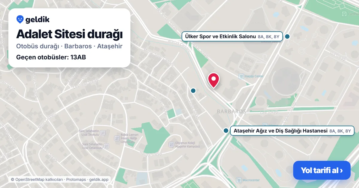 Adalet Sitesi otobüs durağı haritada: konumu ve yakındaki duraklar