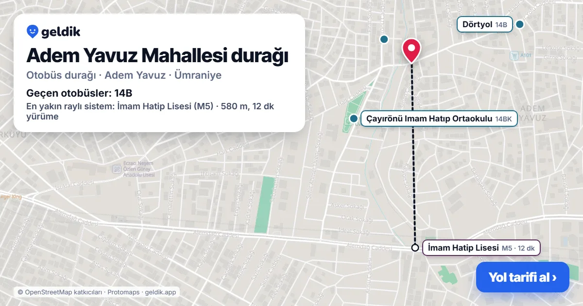 Adem Yavuz Mahallesi otobüs durağı haritada: konumu ve yakındaki duraklar