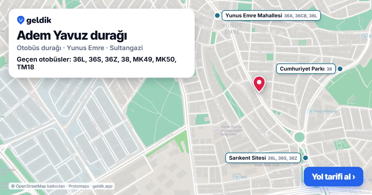 Adem Yavuz otobüs durağı haritada: konumu ve yakındaki duraklar