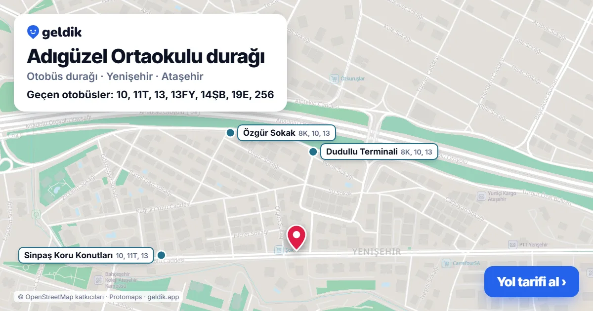 Adıgüzel Ortaokulu otobüs durağı haritada: konumu ve yakındaki duraklar