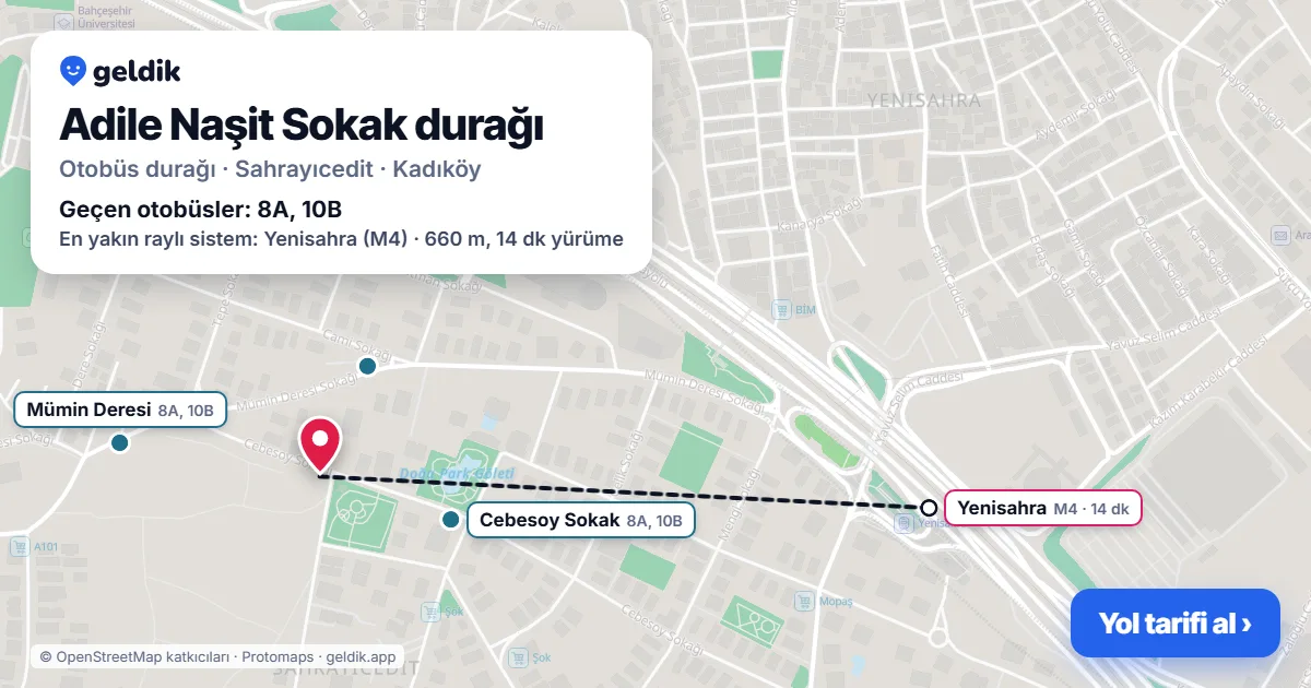 Adile Naşit Sokak otobüs durağı haritada: konumu ve yakındaki duraklar