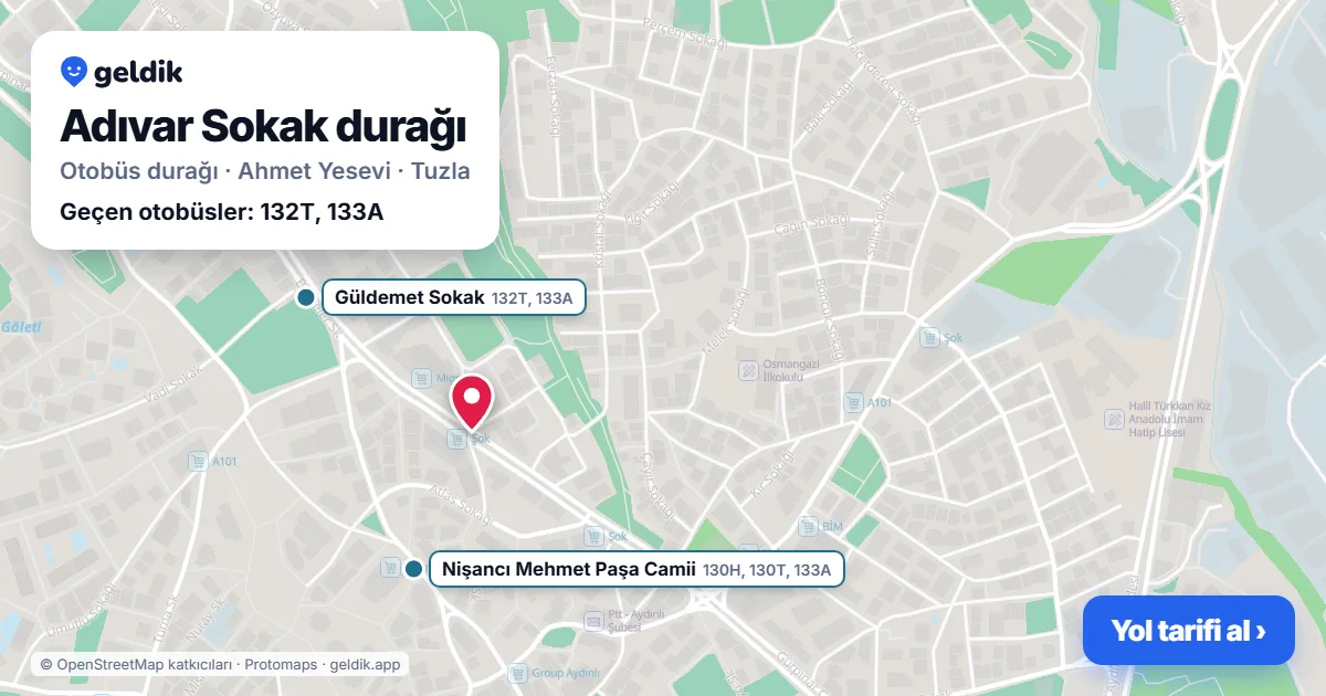 Adıvar Sokak otobüs durağı haritada: konumu ve yakındaki duraklar