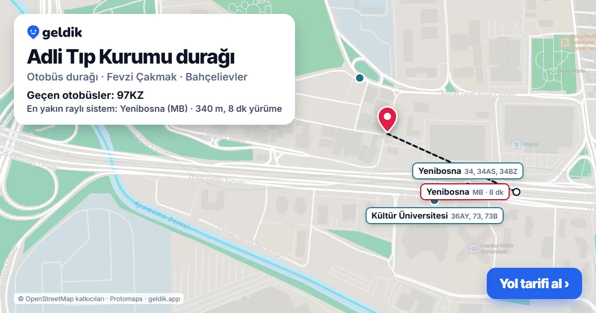 Adli Tıp Kurumu otobüs durağı haritada: konumu ve yakındaki duraklar