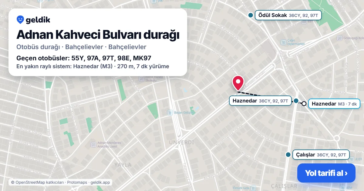 Adnan Kahveci Bulvarı otobüs durağı haritada: konumu ve yakındaki duraklar