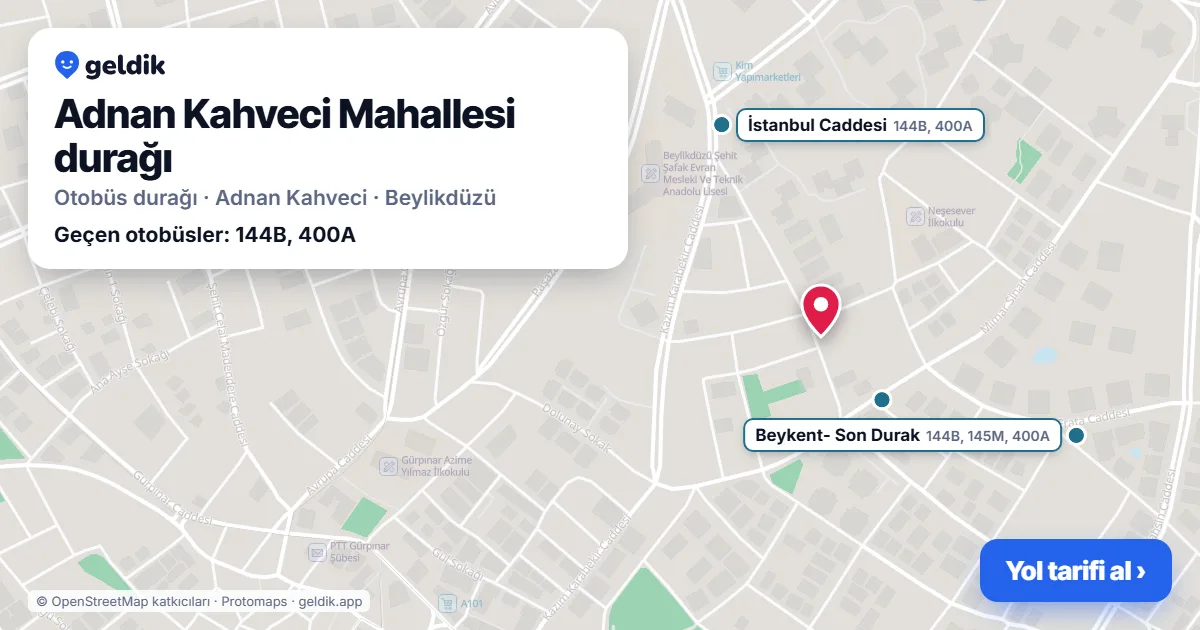 Adnan Kahveci Mahallesi otobüs durağı haritada: konumu ve yakındaki duraklar