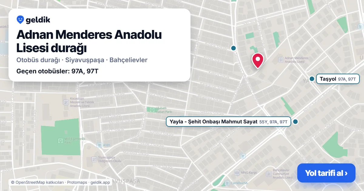 Adnan Menderes Anadolu Lisesi otobüs durağı haritada: konumu ve yakındaki duraklar