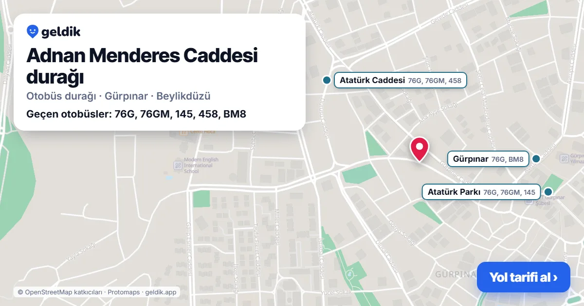 Adnan Menderes Caddesi otobüs durağı haritada: konumu ve yakındaki duraklar