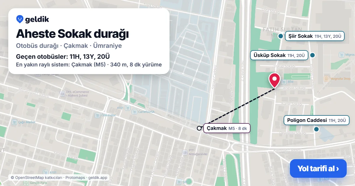Aheste Sokak otobüs durağı haritada: konumu ve yakındaki duraklar