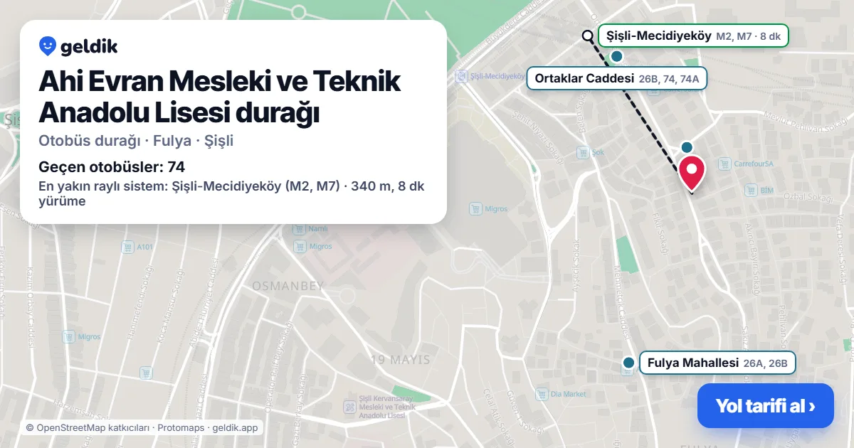 Ahi Evran Mesleki ve Teknik Anadolu Lisesi otobüs durağı haritada: konumu ve yakındaki duraklar