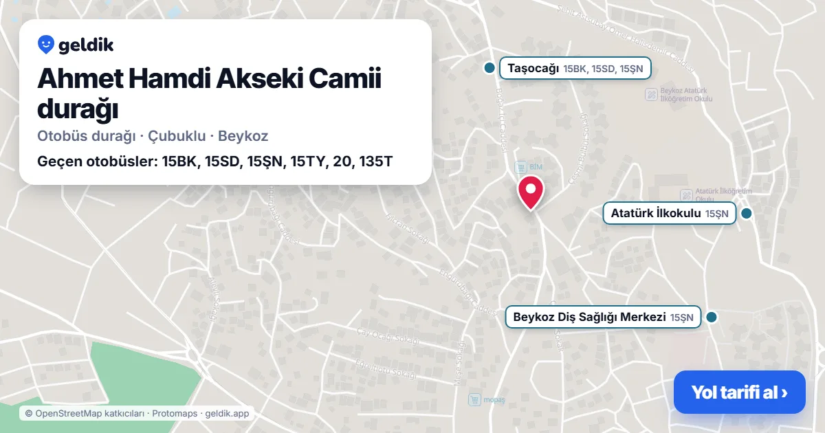 Ahmet Hamdi Akseki Camii otobüs durağı haritada: konumu ve yakındaki duraklar