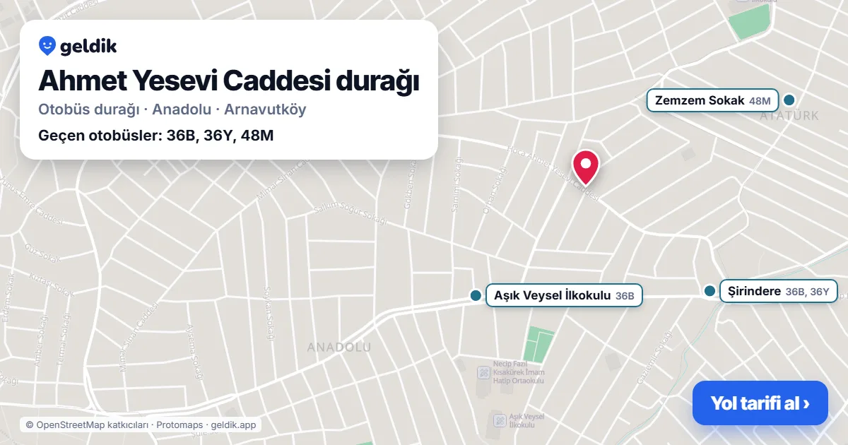 Ahmet Yesevi Caddesi otobüs durağı haritada: konumu ve yakındaki duraklar