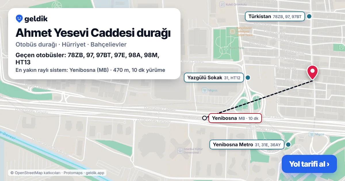 Ahmet Yesevi Caddesi otobüs durağı haritada: konumu ve yakındaki duraklar