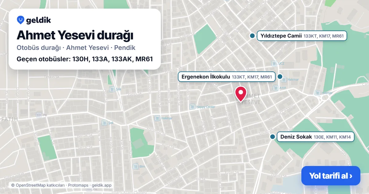 Ahmet Yesevi otobüs durağı haritada: konumu ve yakındaki duraklar