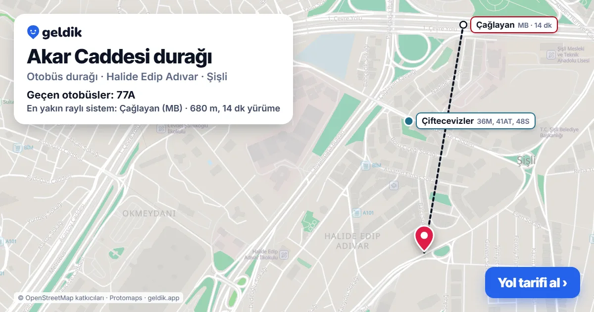 Akar Caddesi otobüs durağı haritada: konumu ve yakındaki duraklar