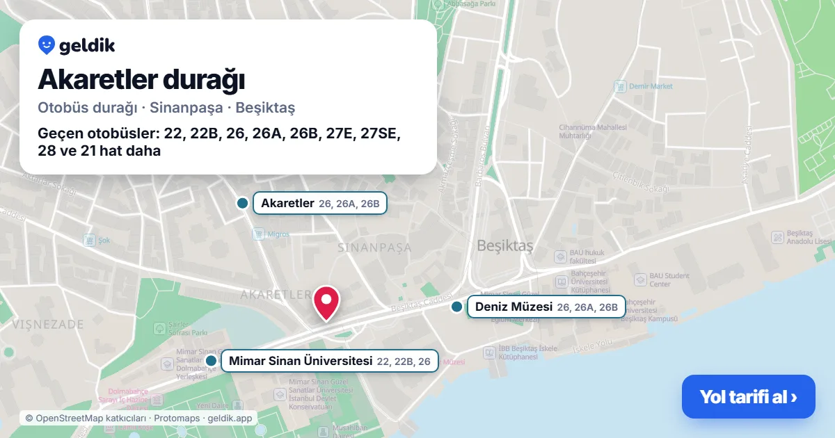 Akaretler otobüs durağı haritada: konumu ve yakındaki duraklar