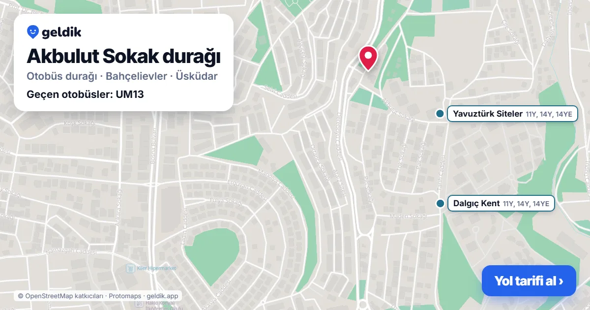 Akbulut Sokak otobüs durağı haritada: konumu ve yakındaki duraklar