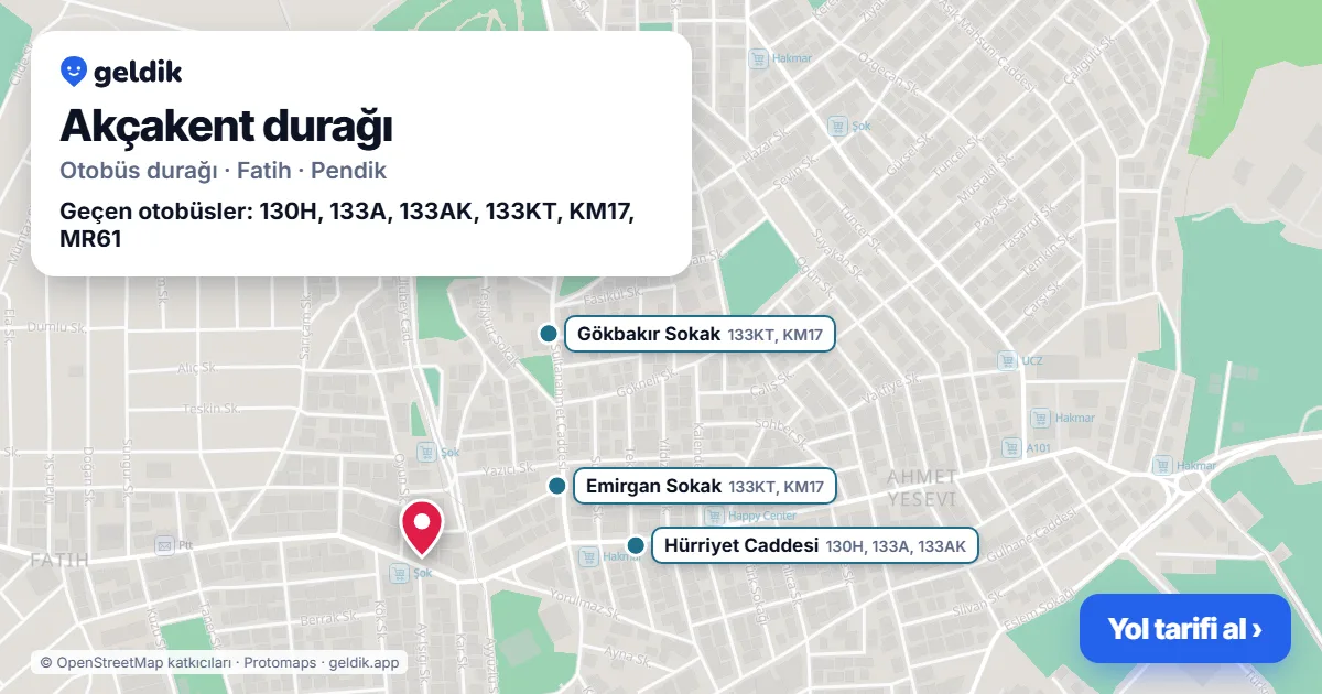 Akçakent otobüs durağı haritada: konumu ve yakındaki duraklar