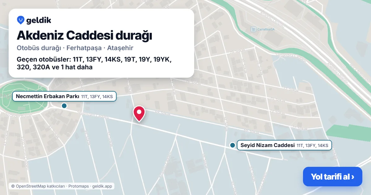 Akdeniz Caddesi otobüs durağı haritada: konumu ve yakındaki duraklar