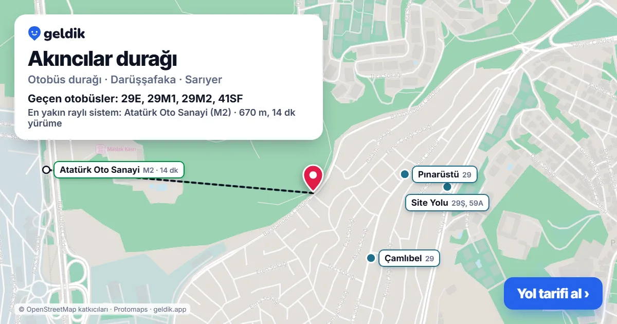 Akıncılar otobüs durağı haritada: konumu ve yakındaki duraklar