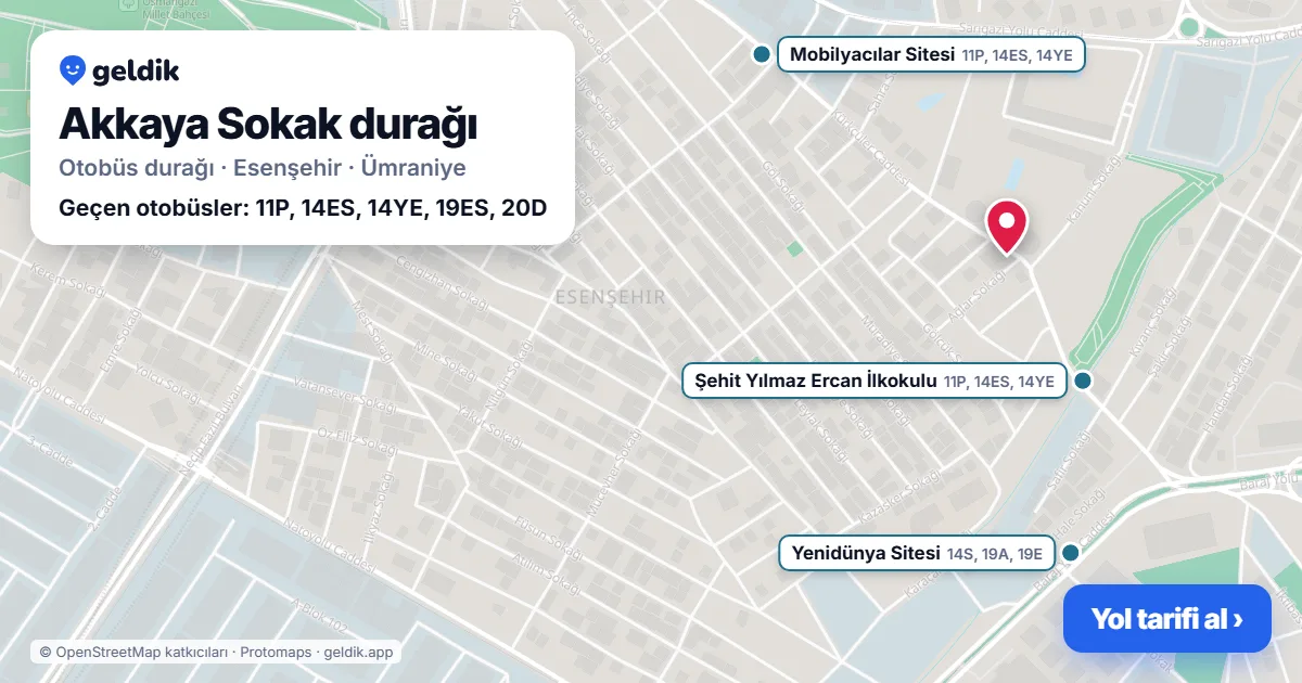 Akkaya Sokak otobüs durağı haritada: konumu ve yakındaki duraklar