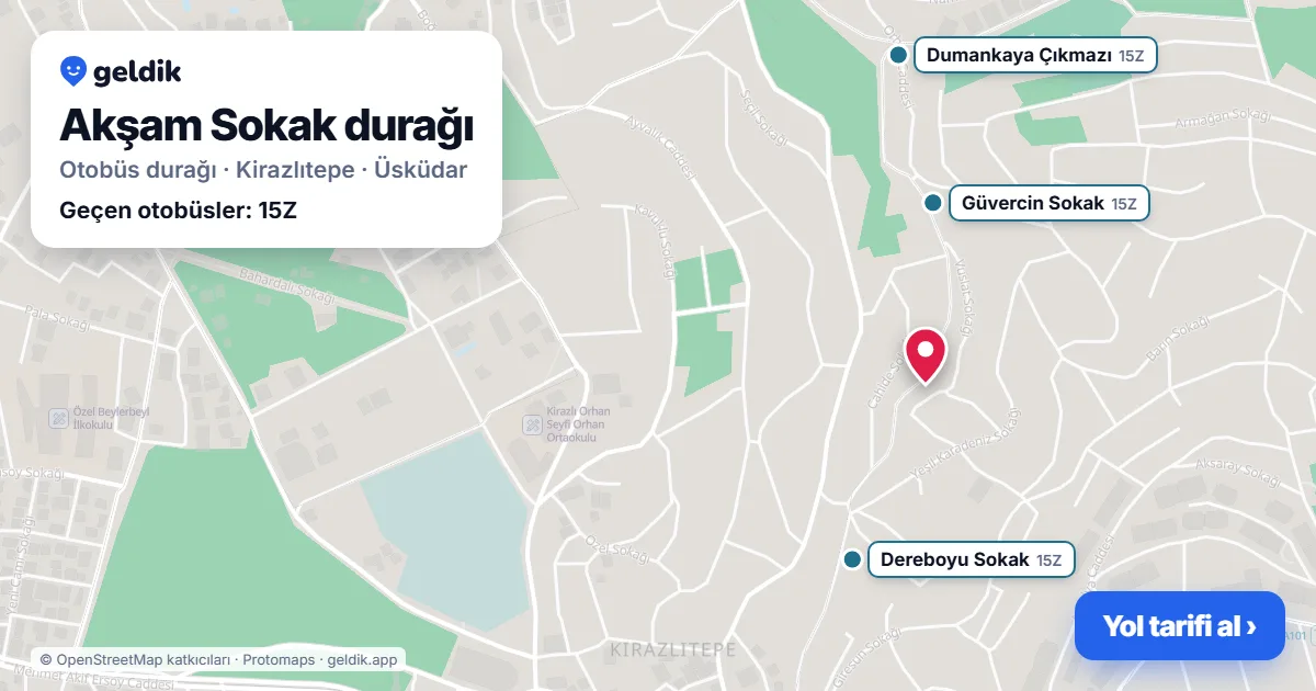 Akşam Sokak otobüs durağı haritada: konumu ve yakındaki duraklar