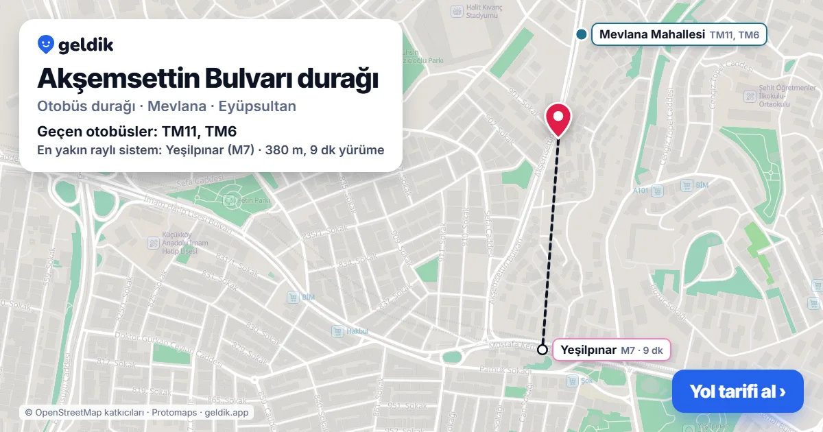 Akşemsettin Bulvarı otobüs durağı haritada: konumu ve yakındaki duraklar