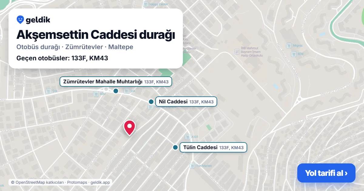 Akşemsettin Caddesi otobüs durağı haritada: konumu ve yakındaki duraklar