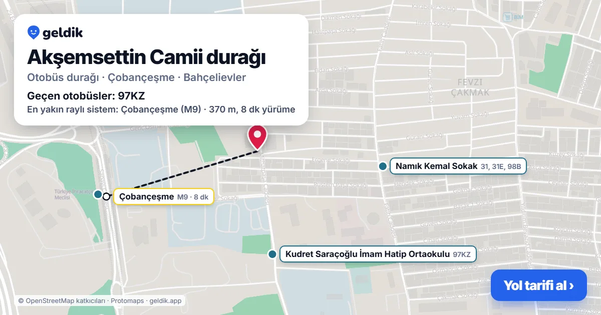 Akşemsettin Camii otobüs durağı haritada: konumu ve yakındaki duraklar