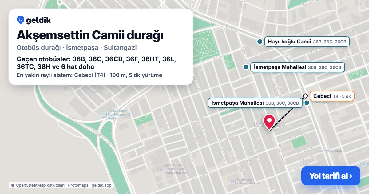 Akşemsettin Camii otobüs durağı haritada: konumu ve yakındaki duraklar