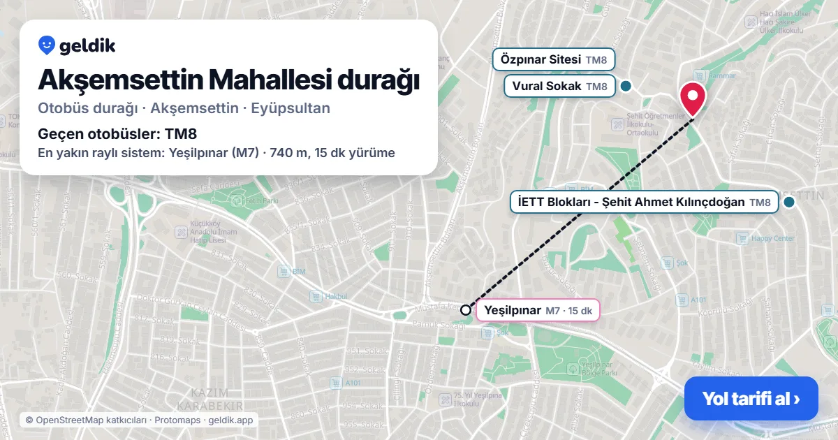 Akşemsettin Mahallesi otobüs durağı haritada: konumu ve yakındaki duraklar