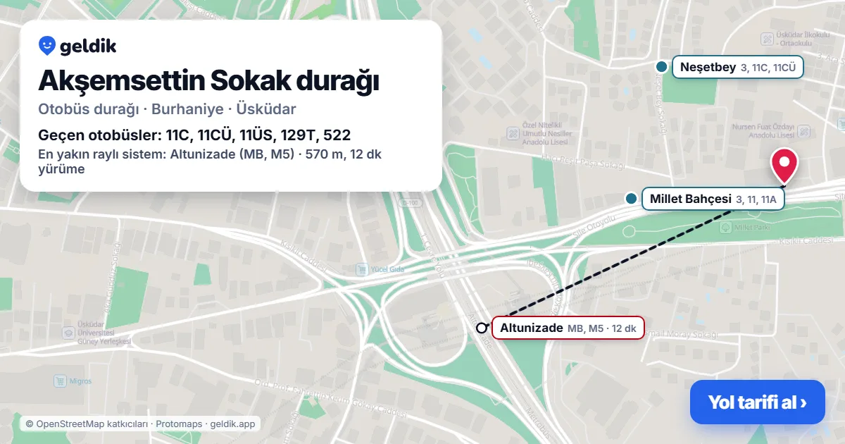Akşemsettin Sokak otobüs durağı haritada: konumu ve yakındaki duraklar