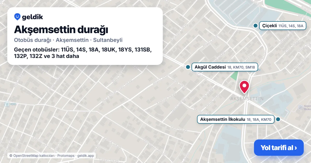 Akşemsettin otobüs durağı haritada: konumu ve yakındaki duraklar