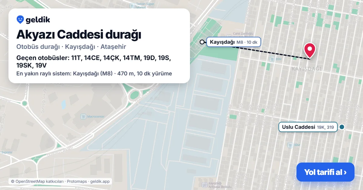 Akyazı Caddesi otobüs durağı haritada: konumu ve yakındaki duraklar